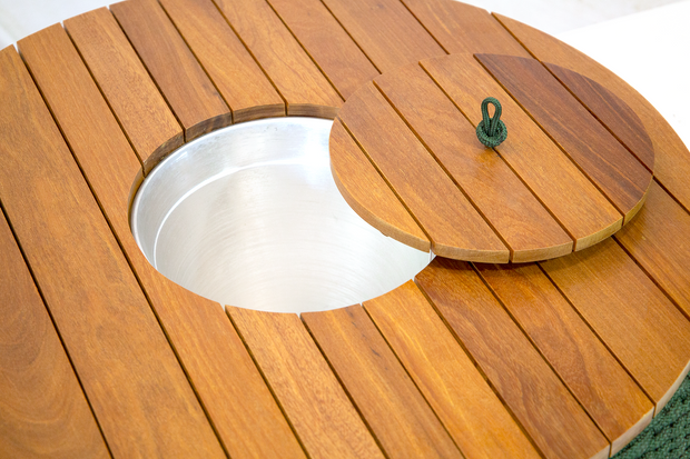 Mesa de Centro Champanheira Tampo em Madeira Cumaru em Corda Nautica Trama Tradicional Fechada 9mm