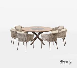 Conjunto Mesa e Cadeiras Pizza em Madeira Cumaru com Giratório em Alumínio Base Asterix 8 Lugares em Corda Nautica