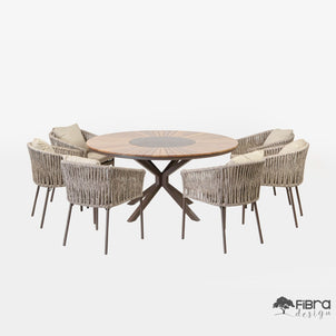 Conjunto Mesa e Cadeiras Pizza em Madeira Cumaru com Giratório em Alumínio Base Asterix 8 Lugares em Corda Nautica