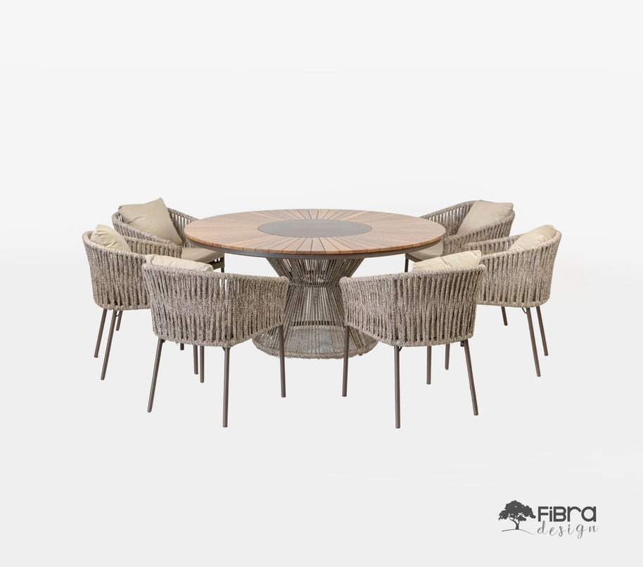 Conjunto Mesa Pizza em Madeira Cumaru com Giratório em Alumínio Base Conerope 6 Lugares em Corda Nautica