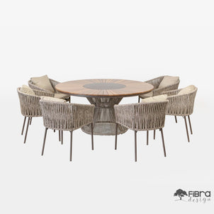 Conjunto Mesa Pizza em Madeira Cumaru com Giratório em Alumínio Base Conerope 6 Lugares em Corda Nautica