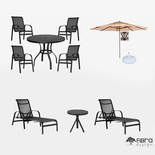 Kit Piscina Jogo 1 Mesa, 4 Cadeiras, 1 Ombrelone Central, 2 Espreguiçadeiras, 1 Mesa de Apoio