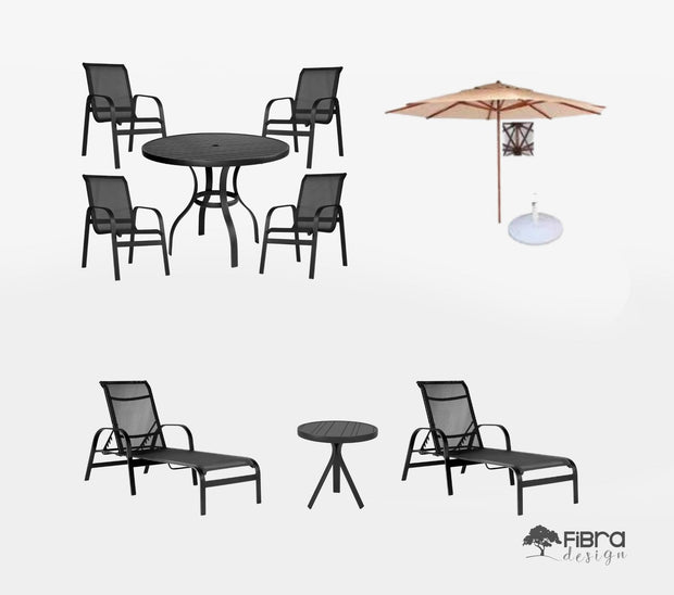 Kit Piscina Jogo 1 Mesa, 4 Cadeiras, 1 Ombrelone Central, 2 Espreguiçadeiras, 1 Mesa de Apoio