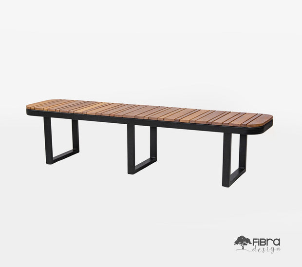 Mesa de Jantar Slim Tampo em Madeira Cumaru e Base "U" em Alumínio C/ Banco Assento em Madeira e Pés em Alumínio
