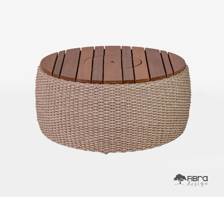 Mesa de Centro Champanheira Tampo em Madeira Cumaru em Corda Nautica Trama Tradicional Fechada 9mm
