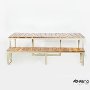 Mesa de Jantar em Madeira Cumaru e Base em Alumínio C/ Banco Assento em Madeira e Pés em Alumínio